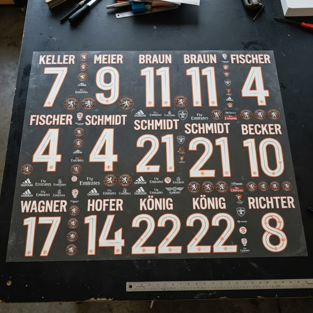 Grosser DTF-Bogen mit mehreren Spielernamen und Nummern verschnittarm angeordnet