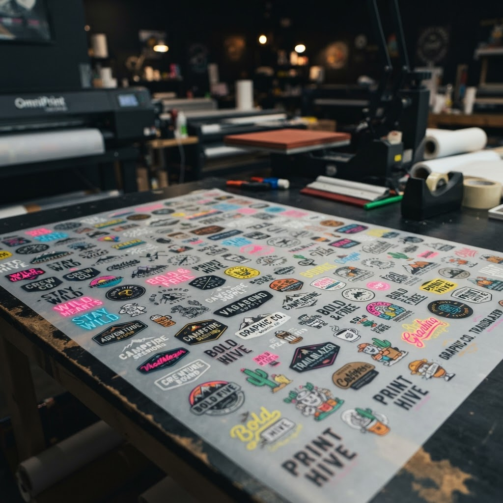 DTF-Gangsheet dicht mit vielen bunten Motiven belegt auf einem Drucktisch
